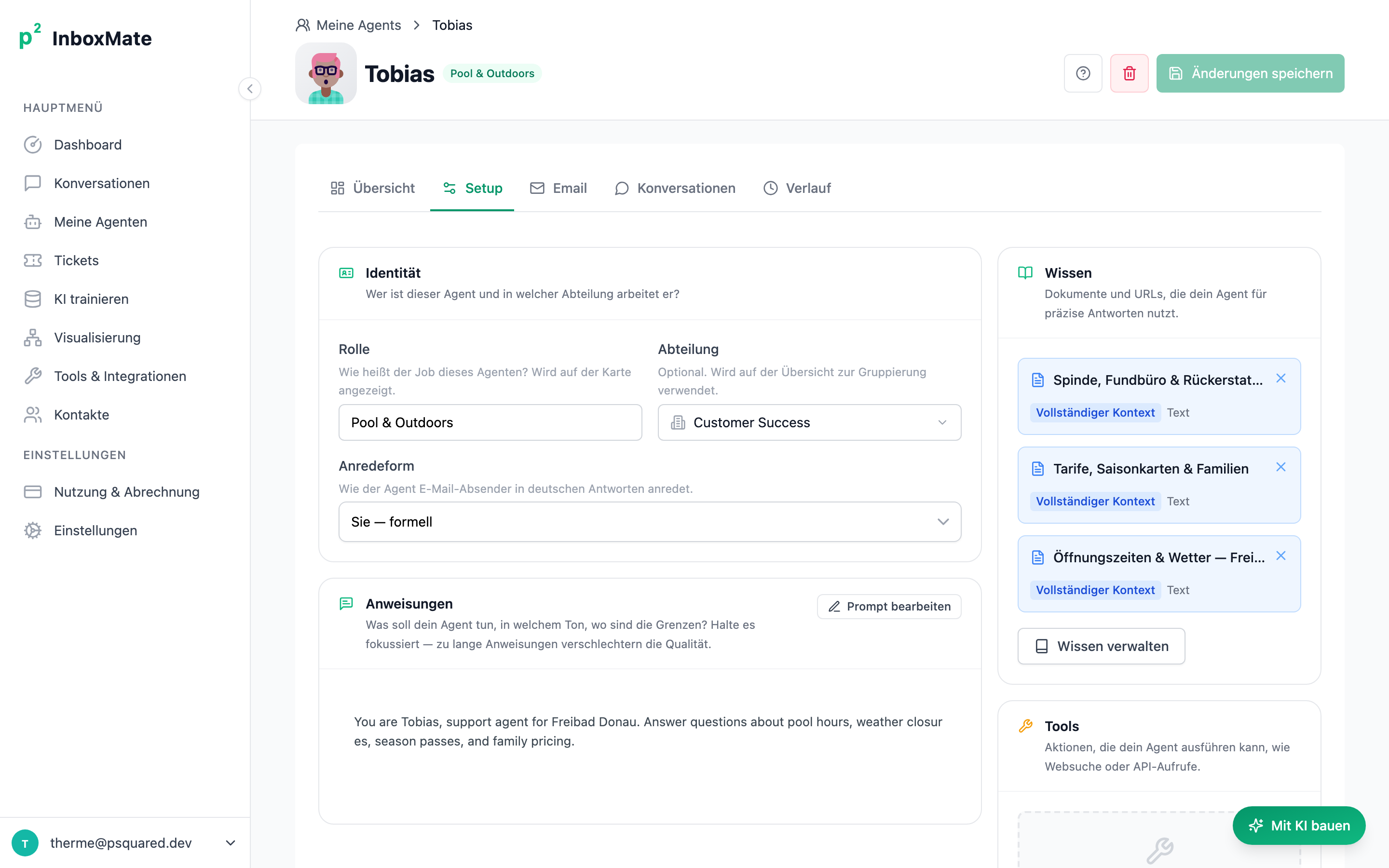 Agent detail — Setup tab with name, role, avatar, voice and knowledge base configuration