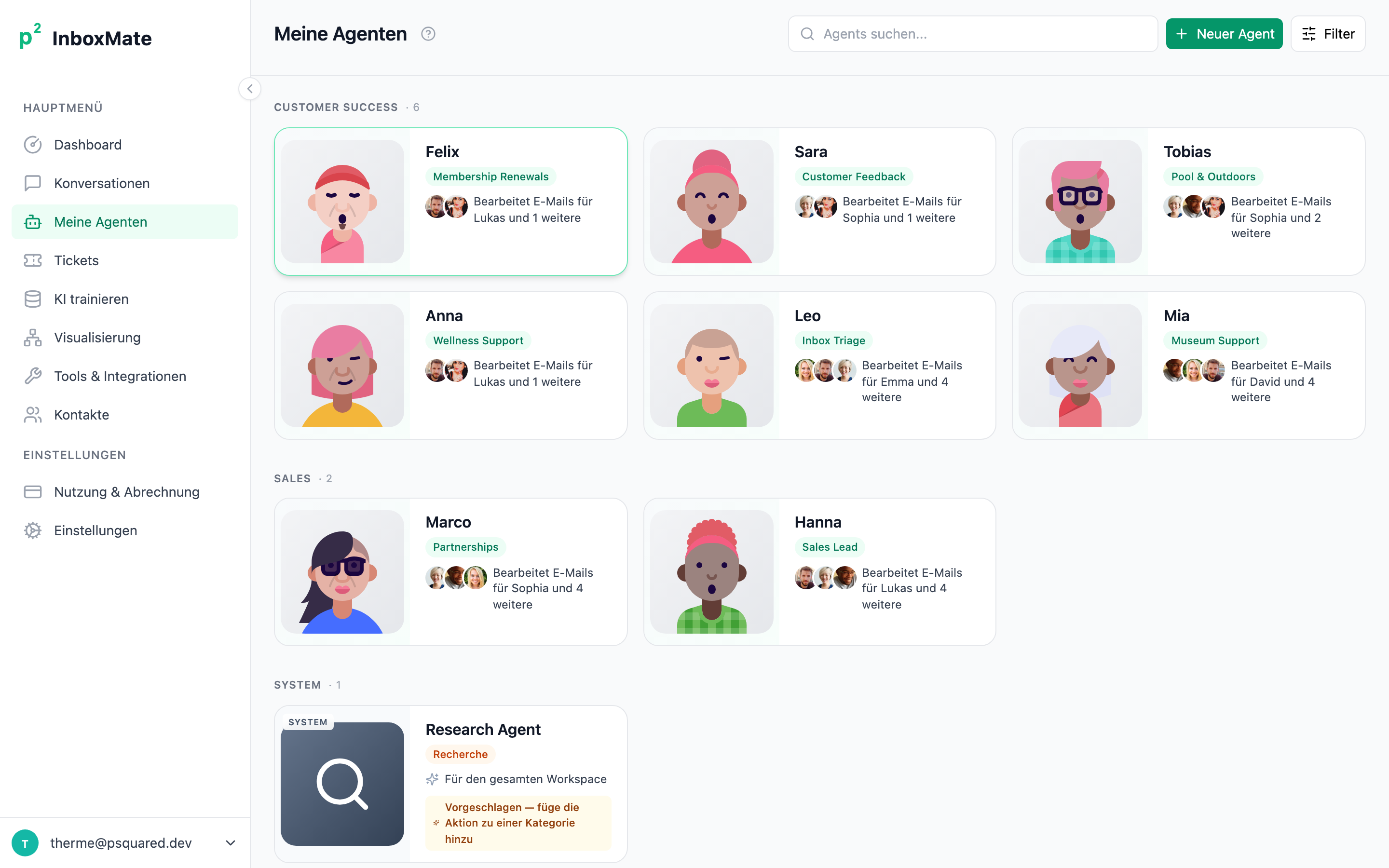 InboxMate Agents page — Tobias, Sara, Felix and Mia with avatars, roles, audiences, and connected mailboxes