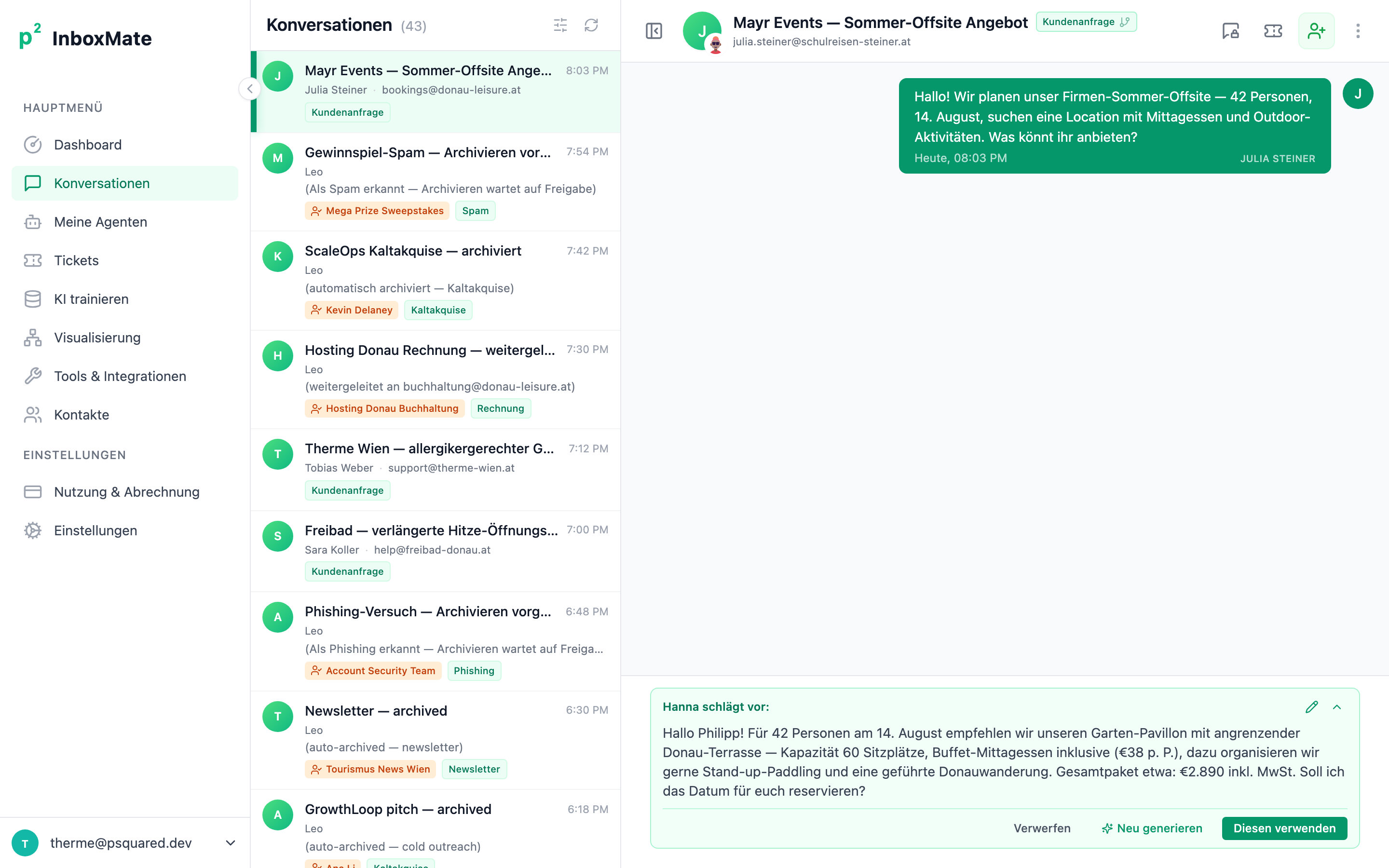 InboxMate conversations list — emails tagged as customer inquiries, archived spam, and routed by category